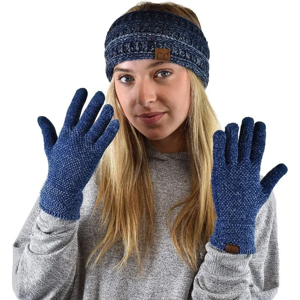 Women's Dark Denim Winter Warm Eco-friendly Chenille Touchscreen Texting Gloves